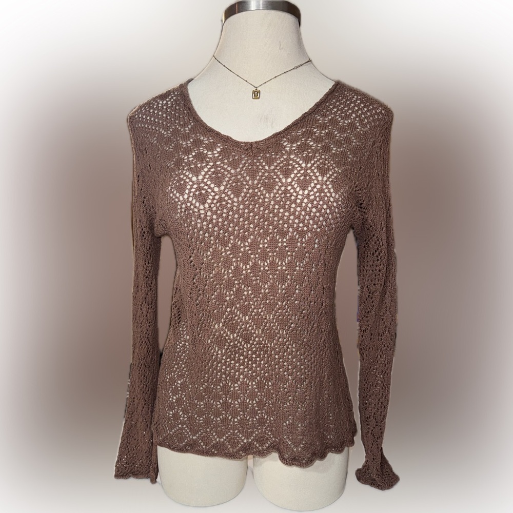 Vintage Apostrophe Open-Knit Brown Women's Bell Cuff Whimsical Top